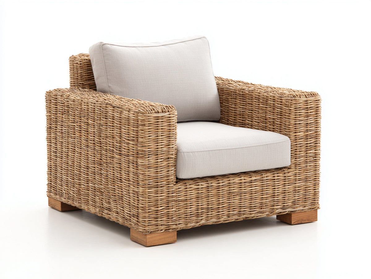 Poltrona da giardino - Rattan intrecciato-Tessuto - 95x87x84 cm - Marrone naturale-Beige - Stile naturale