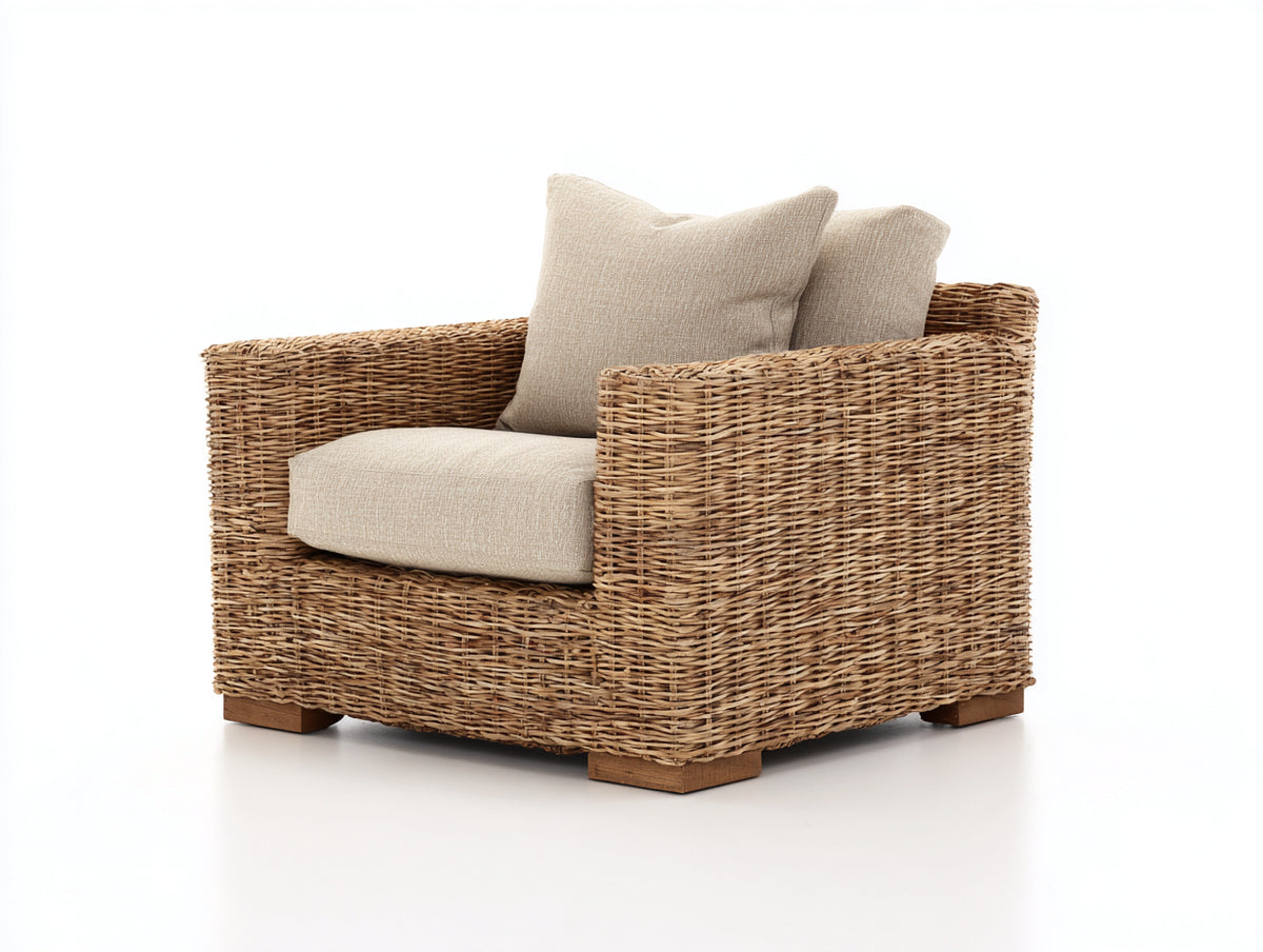 Poltrona da giardino - Rattan intrecciato-Tessuto - 96x87x82 cm - Marrone chiaro-Beige - Stile contemporaneo
