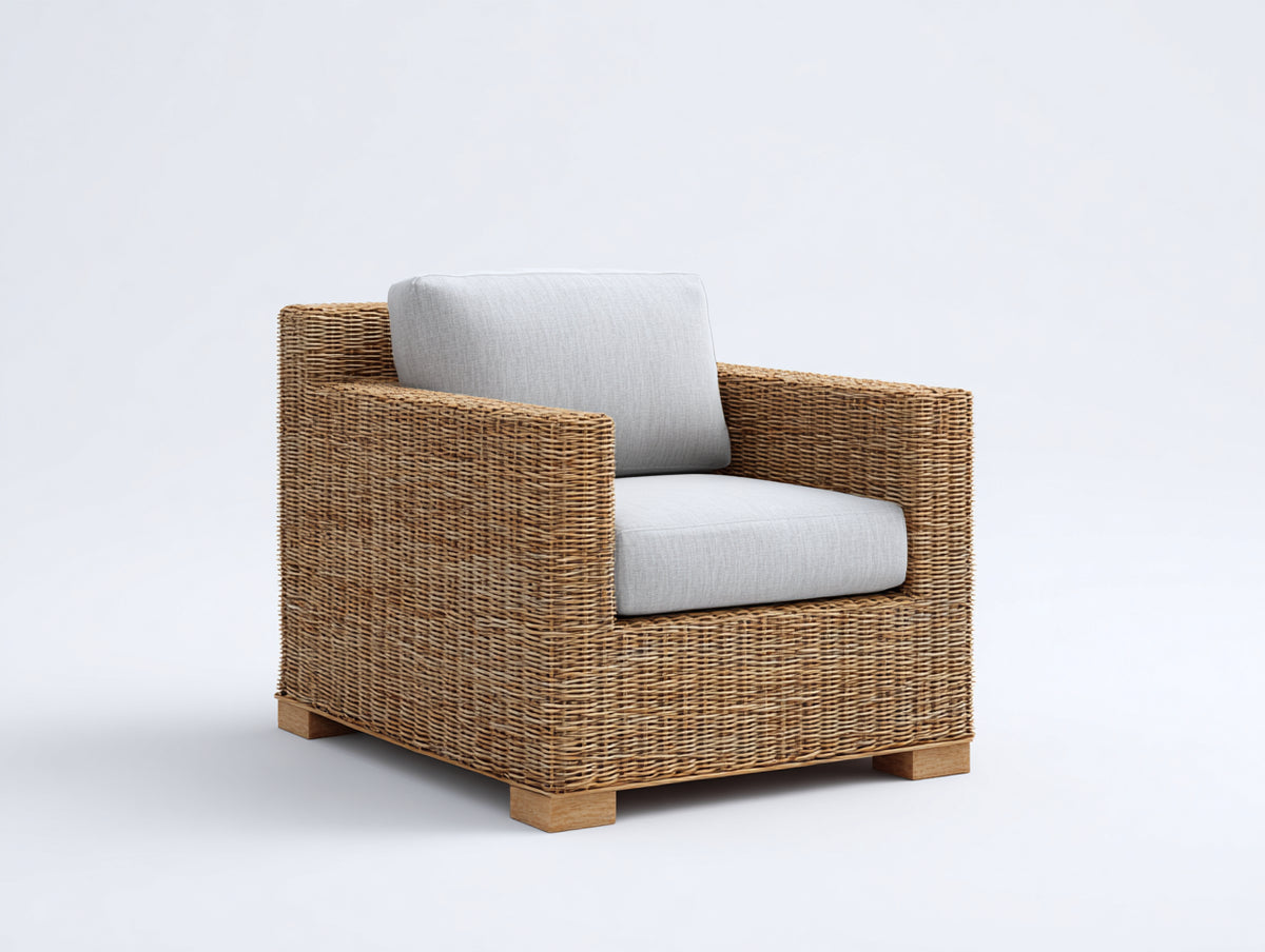 Poltrona da giardino - Rattan intrecciato-Tessuto - 97x88x85 cm - Marrone naturale-Grigio chiaro - Stile naturale