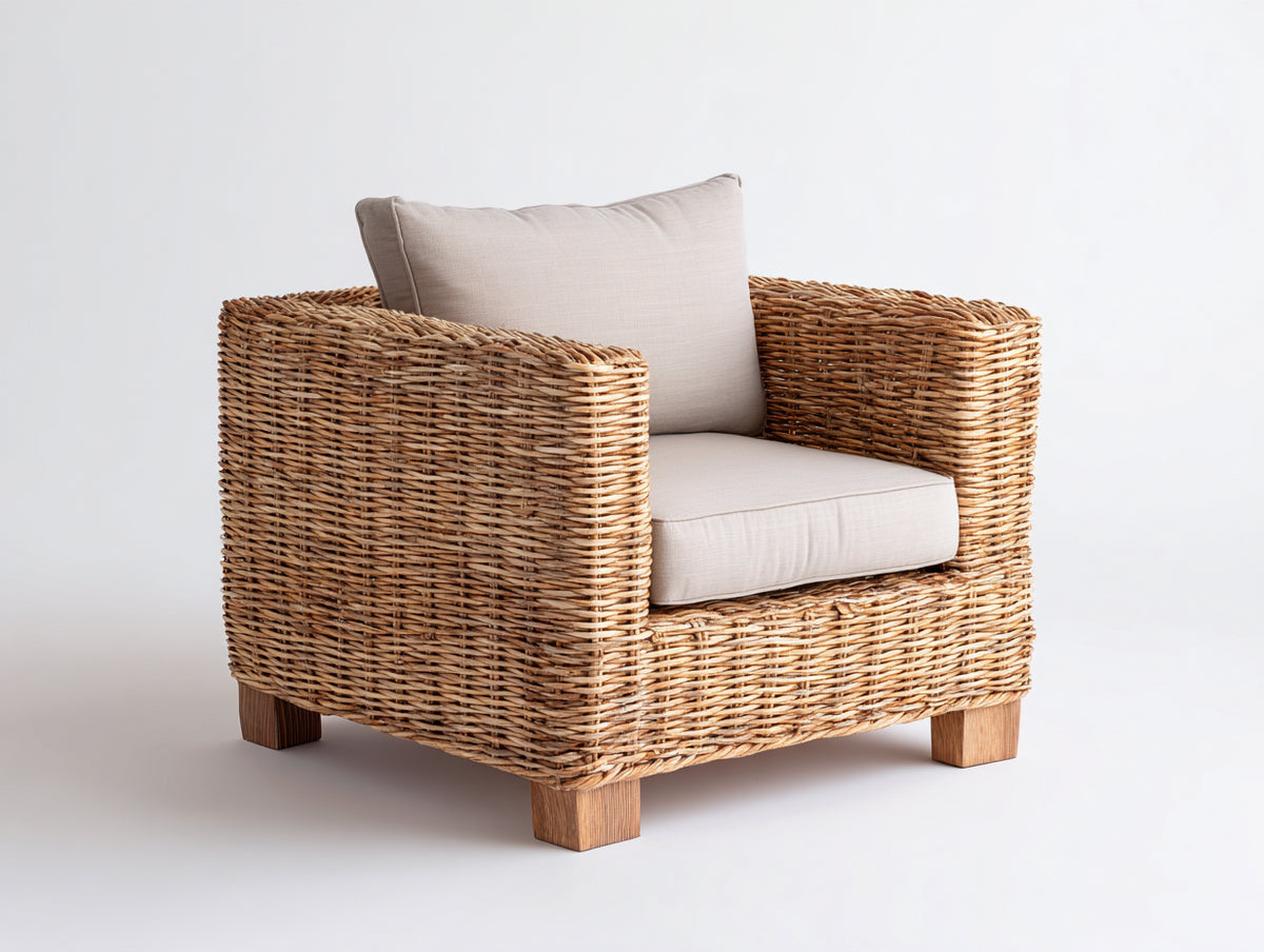 Poltrona da giardino - Rattan intrecciato-Tessuto - 96x87x82 cm - Marrone miele-Avorio - Stile contemporaneo