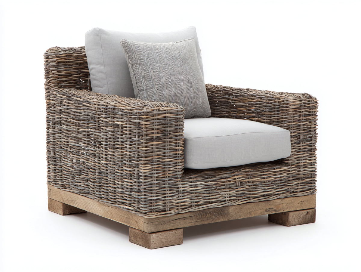 Poltrona da giardino - Rattan intrecciato-Tessuto - 99x91x86 cm - Marrone grigio-Grigio chiaro - Stile industriale rustico