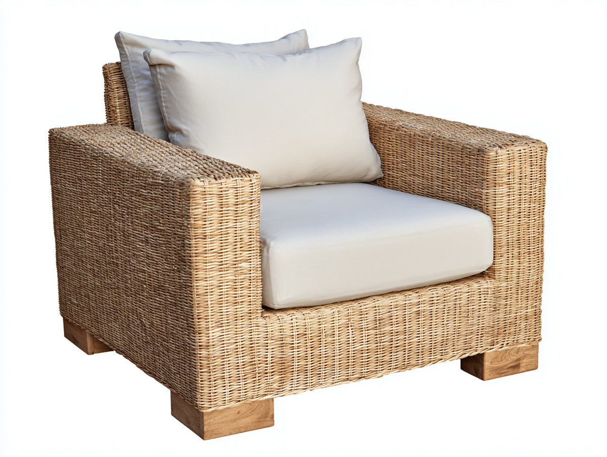 Poltrona da giardino - Rattan intrecciato-Tessuto - 99x90x85 cm - Marrone dorato-Crema - Stile naturale