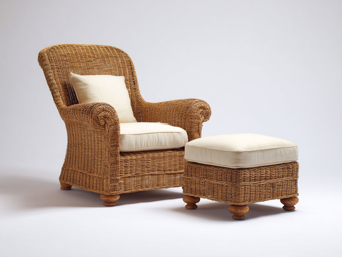 Poltrona da giardino - Rattan intrecciato-Tessuto - 88x86x105 cm - Marrone miele-Crema - Stile classico