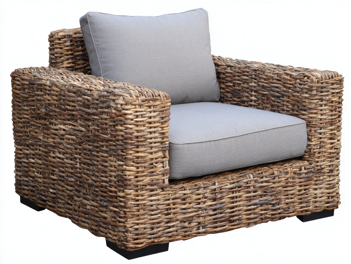 Poltrona da giardino - Rattan intrecciato-Tessuto - 96x88x86 cm - Marrone-Grigio - Stile rustico