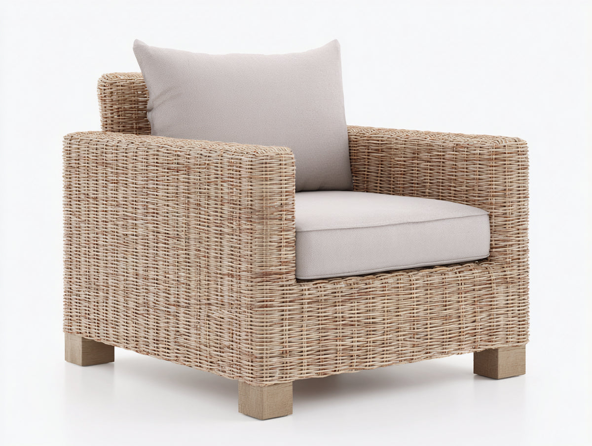Poltrona da giardino - Rattan intrecciato-Tessuto - 98x89x84 cm - Sabbia-Beige chiaro - Stile moderno