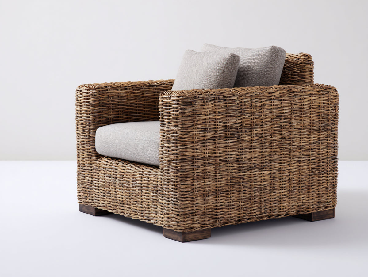 Poltrona da giardino - Rattan intrecciato-Tessuto - 100x91x85 cm - Marrone naturale-Grigio chiaro - Stile country