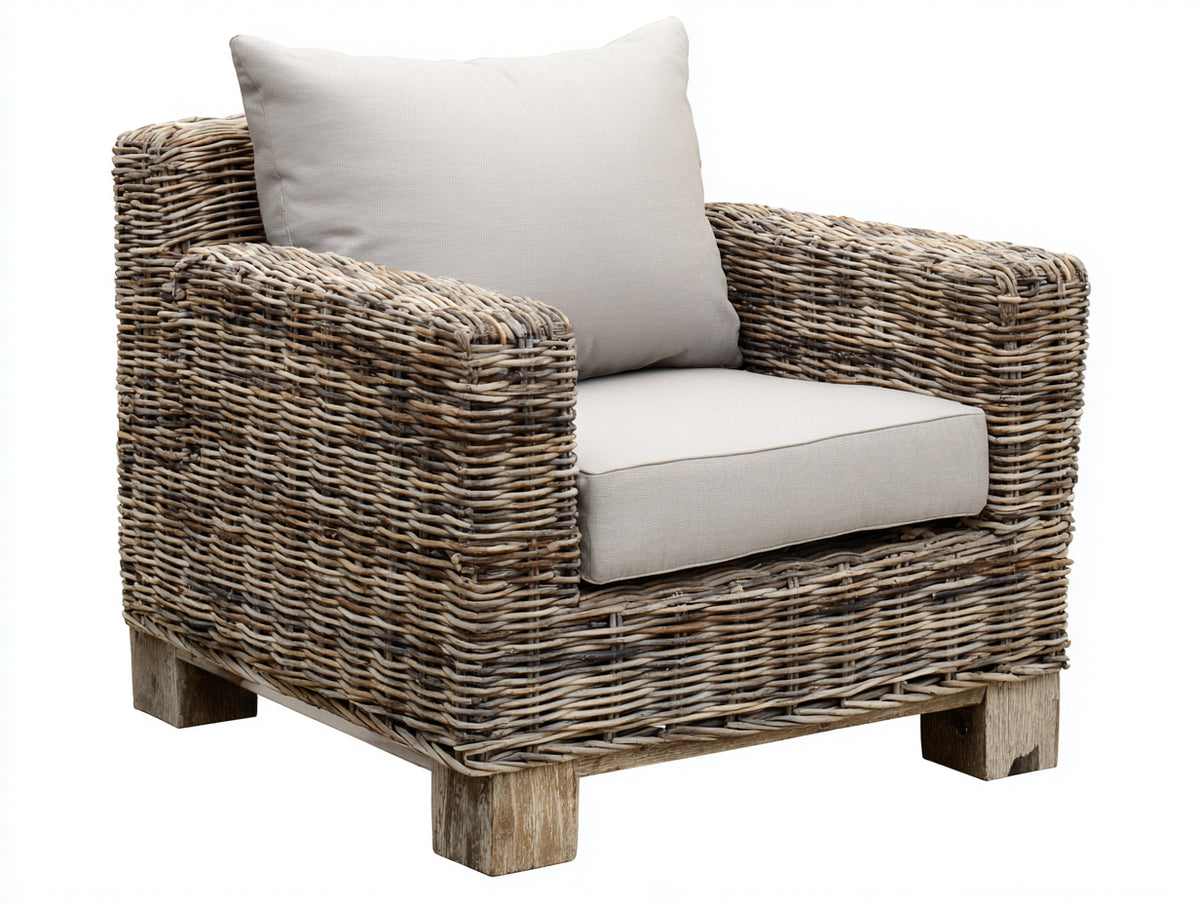 Poltrona da giardino - Rattan intrecciato-Tessuto - 96x88x89 cm - Marrone tortora-Crema - Stile classico